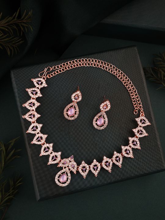 Rose Gold Polish with Stunning AD Stone Studded Choker Necklace set with Matching pair of Earrings