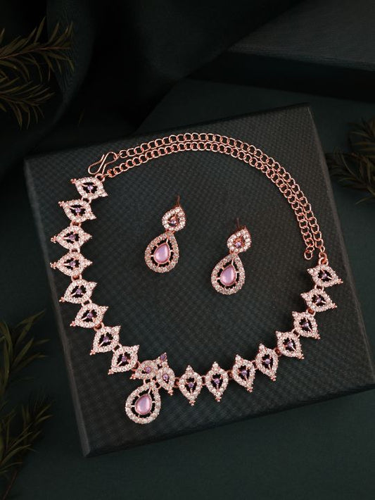 Rose Gold Polish with Stunning AD Stone Studded Choker Necklace set with Matching pair of Earrings